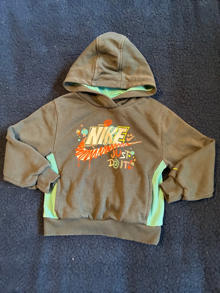 Nike Kids Olive Hoodie With Neon Green And Orange Graphic